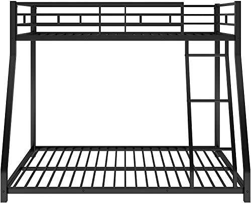 DNYN Twin Over Full Metal Bunk Bed with Safety Guardrail & Ladder for Kids/Adults,Floor Bunkbeds,Sturdy Steel Bedframe,No Box Spring Need,Perfect for Dorm,Bedroom,Guest Room,77.1"x55.9"x53.7", Black