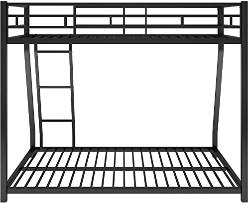 DNYN Twin Over Full Metal Bunk Bed with Safety Guardrail & Ladder for Kids/Adults,Floor Bunkbeds,Sturdy Steel Bedframe,No Box Spring Need,Perfect for Dorm,Bedroom,Guest Room,77.1"x55.9"x53.7", Black