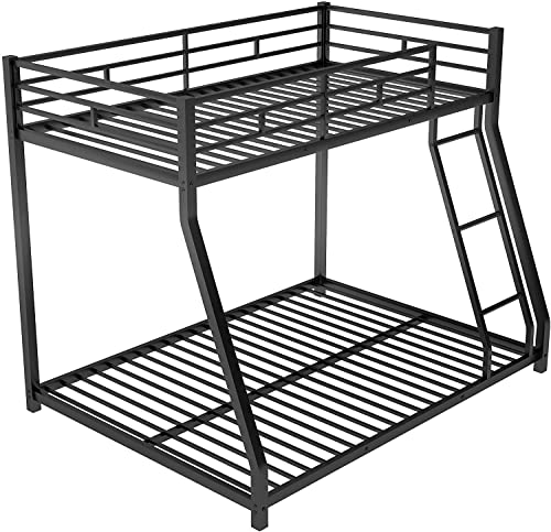 DNYN Twin Over Full Metal Bunk Bed with Safety Guardrail & Ladder for Kids/Adults,Floor Bunkbeds,Sturdy Steel Bedframe,No Box Spring Need,Perfect for Dorm,Bedroom,Guest Room,77.1"x55.9"x53.7", Black