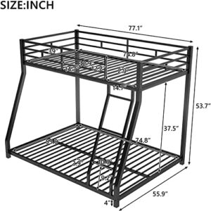 DNYN Twin Over Full Metal Bunk Bed with Safety Guardrail & Ladder for Kids/Adults,Floor Bunkbeds,Sturdy Steel Bedframe,No Box Spring Need,Perfect for Dorm,Bedroom,Guest Room,77.1"x55.9"x53.7", Black