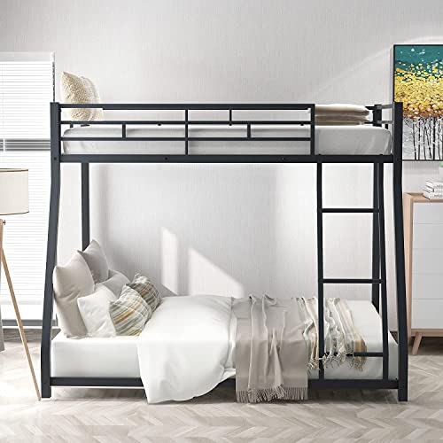 DNYN Twin Over Full Metal Bunk Bed with Safety Guardrail & Ladder for Kids/Adults,Floor Bunkbeds,Sturdy Steel Bedframe,No Box Spring Need,Perfect for Dorm,Bedroom,Guest Room,77.1"x55.9"x53.7", Black