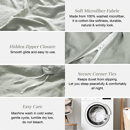 MILDLY Queen Duvet Cover - 100% Washed Microfiber Super Soft October Mist Sage Comforter Cover Set 3 Pieces Bedding Set with Zipper Closure & Corner Ties