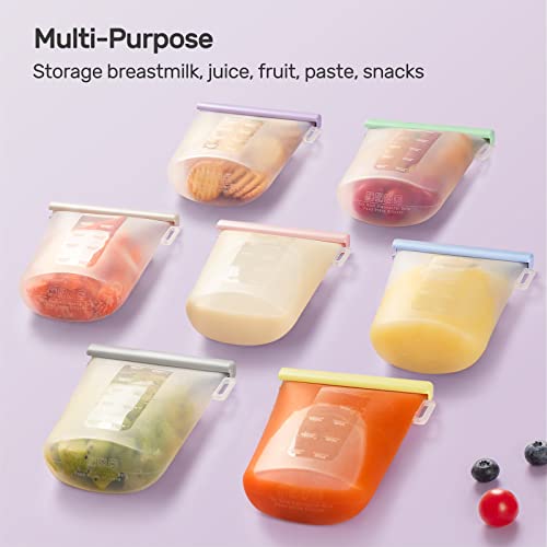 Nuliie 7 Pcs Reusable Silicone Breastmilk Storage Bags, 12oz/360ml Double Leak-Proof Breastmilk Freezer Bags, BPA Free Self-Standing Milk Bags for Breastfeeding, Baby Food Pouches