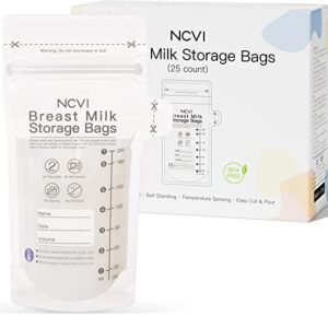 ncvi breastmilk storage bags, 25 count milk storage bags for breastfeeding, 7oz breast milk storage bags with temp-sensing, doubled-sealed, hygienically, self standing, easy pour spout, bpa free