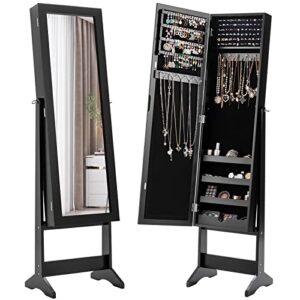 costway jewelry armoire cabinet, standing jewelry organizer with full-length mirror & 3 adjustable angles, large storage capacity jewelry cabinet for bedroom, dressing room (black)