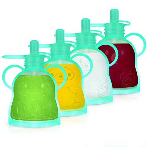 Morlike Refillable Silicone Baby Food Pouches, Reusable Squeeze Storage containers Bags with Straws for Toddlers Kids, BPA Free & Freezable, 4.5oz (Green - 4 Pack)