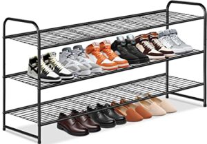 keetdy 3-tier long shoe rack for closet metal shoe organizer for entryway, wide stackable shoe storage shelf with sturdy wire grid for closet floor, bedroom, black