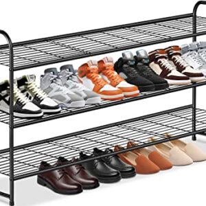 KEETDY 3-Tier Long Shoe Rack for Closet Metal Shoe Organizer for Entryway, Wide Stackable Shoe Storage Shelf with Sturdy Wire Grid for Closet Floor, Bedroom, Black