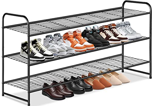 KEETDY 3-Tier Long Shoe Rack for Closet Metal Shoe Organizer for Entryway, Wide Stackable Shoe Storage Shelf with Sturdy Wire Grid for Closet Floor, Bedroom, Black