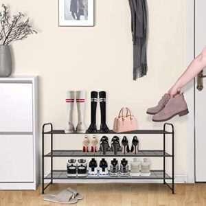 KEETDY 3-Tier Long Shoe Rack for Closet Metal Shoe Organizer for Entryway, Wide Stackable Shoe Storage Shelf with Sturdy Wire Grid for Closet Floor, Bedroom, Black