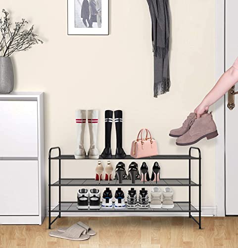 KEETDY 3-Tier Long Shoe Rack for Closet Metal Shoe Organizer for Entryway, Wide Stackable Shoe Storage Shelf with Sturdy Wire Grid for Closet Floor, Bedroom, Black