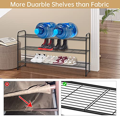 KEETDY 3-Tier Long Shoe Rack for Closet Metal Shoe Organizer for Entryway, Wide Stackable Shoe Storage Shelf with Sturdy Wire Grid for Closet Floor, Bedroom, Black