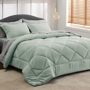 bedsure sage green queen comforter set - 7 pieces reversible bed set sage green bed in a bag queen with comforters, sheets, pillowcases & shams, queen bedding sets