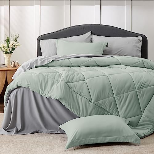 Bedsure Sage Green Queen Comforter Set - 7 Pieces Reversible Bed Set Sage Green Bed in a Bag Queen with Comforters, Sheets, Pillowcases & Shams, Queen Bedding Sets