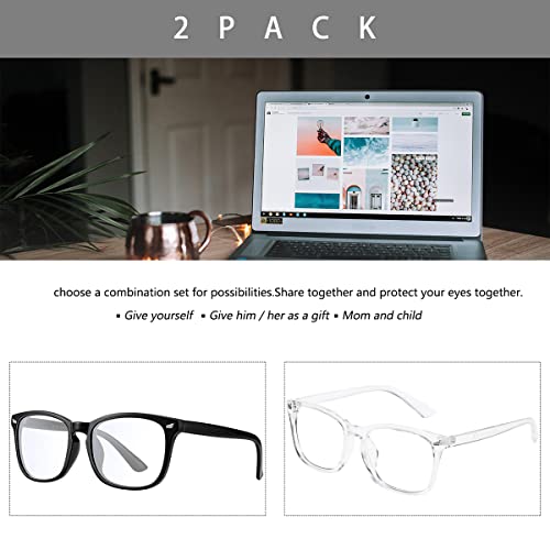 CHBP Blue-Light-Blocking-Glasses for Women Computer Glasses Man，2 Pack Gaming Eyeglasses Fashion Frame(black+transparent)