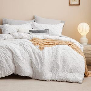 bedsure boho comforter set queen - white tufted shabby chic bedding comforter set for all seasons, 3 pieces western comforter set, farmhouse modern bed set, spring bedding for women men girls