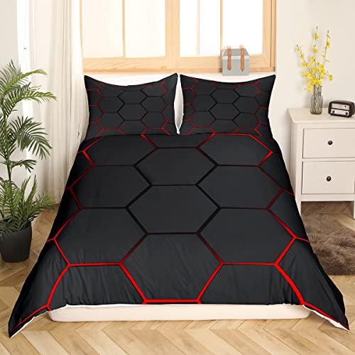 Honeycomb Duvet Cover Honeycomb Modern Geometry Hexagon Theme Bedding Set for Kids Boys Children Geometrical Comforter Cover Set Ultra Soft Beehive Black Red Decor Bedspread Cover Twin Size Zipper