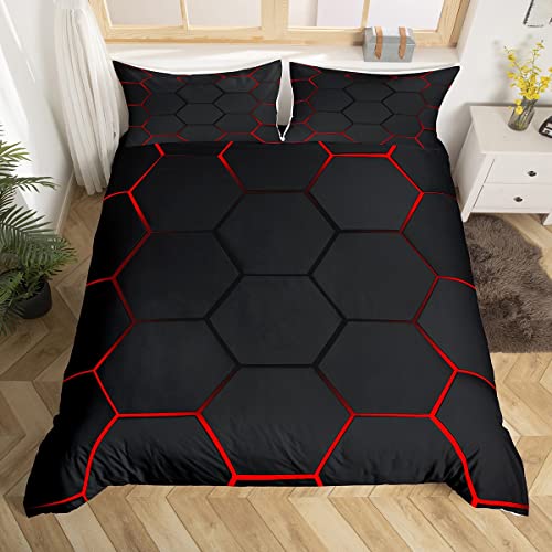 Honeycomb Duvet Cover Honeycomb Modern Geometry Hexagon Theme Bedding Set for Kids Boys Children Geometrical Comforter Cover Set Ultra Soft Beehive Black Red Decor Bedspread Cover Twin Size Zipper