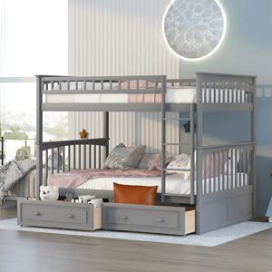 full over full bunk bed with 2 storage drawers, wooden bunk bed frame with guardrails and ladders for kids teens adults, can be convertible into 2 beds (bunk beds full over full, gray)