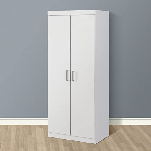 FurnitureR Wardrobe Armoires 2-Door Storage Cabinet with Adjustable Shelf/Hanging Rod, Modern Simple Style Armoire Clothes Closet for Bedroom, White