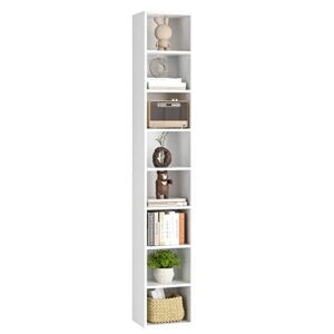 fotosok 8-tier media tower rack, 11.6 x 9.3 x 70.9 inches cd dvd slim storage cabinet with adjustable shelves, tall narrow bookcase display bookshelf for home office, white
