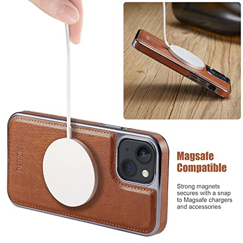 MOHEYO Designed for iPhone 14 Plus Case Removable Wallet Card Holder Magnetic Compatible with MagSafe Slim Thin Vegan Leather Cover (Brown)