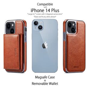 MOHEYO Designed for iPhone 14 Plus Case Removable Wallet Card Holder Magnetic Compatible with MagSafe Slim Thin Vegan Leather Cover (Brown)