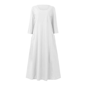 Maxi Dress, High Low Dress for Women Wedding Dresses with Long Sleeves Women's Fashion Casual Solid Colour Sleeveless Cotton Linen Pocket Dress Casual Color Three-Quarter Sleeve (XXL, Z-White)