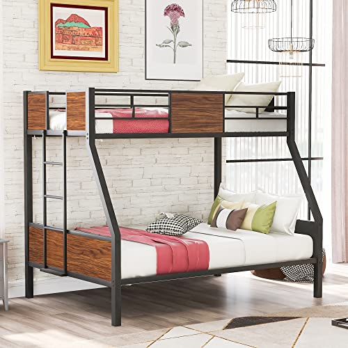 Merax Modern Twin Over Full Heavy Metal Bunk Bed with Full Length Rail for Junior,Teens, Adults/Space-Saving/No Box Spring Needed Black