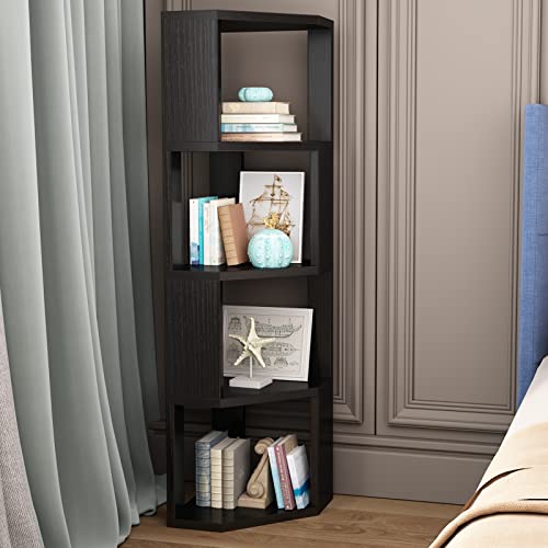 MIN WIN 5 Tier Corner Shelf Bookcase Wooden Display Bookshelf Storage Rack,Standing Tall Corner Bookshelf Display Unit Storage Rack,Multipurpose Shelving Unit for Living Room and Home Office, Black