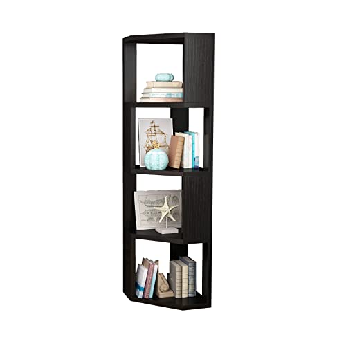 MIN WIN 5 Tier Corner Shelf Bookcase Wooden Display Bookshelf Storage Rack,Standing Tall Corner Bookshelf Display Unit Storage Rack,Multipurpose Shelving Unit for Living Room and Home Office, Black