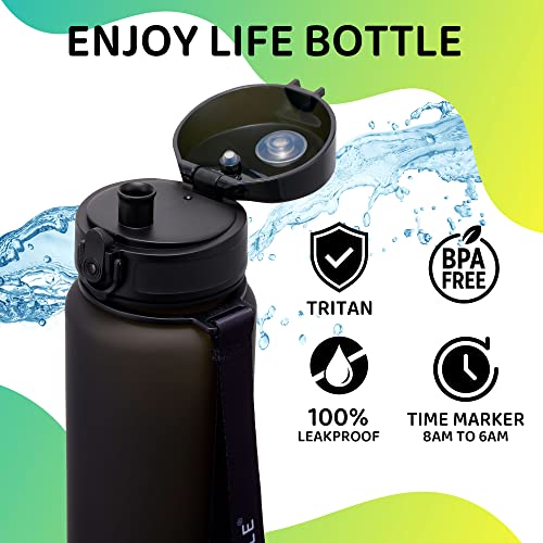 Life Bottle 32 oz Water Bottle with Strap. Tritan Fruit Infuser Flip Top Water Bottles With Times To Drink. No Quotes! Motivational Water Bottle with Time Marker. Dishwasher Safe 32 oz Water Bottles