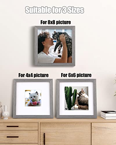 Egofine 8x8 Picture Frame Made of Solid Wood with Plexiglass, Display Pictures 4x4/6x6 with Mat or 8x8 Without Mat for Tabletop and Wall Mounting, Oak Grey