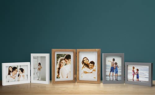 Janreefan Double Vertical & Horizontal Picture Frames Hinged Folding Photo Frames in Black Made of Pine Wood with Real Glass for Wall Hanging or Tabletop Standing, Display Pictures 4x6 with Mat or 5x7 Without Mat P-S57H75-HEI