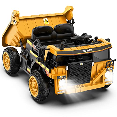 ANPABO Ride on Dump Truck, 12V Ride on Car with Remote Control, Electric Dump Bed and Extra Shovel, Ride on Construction Vehicle with Music Player, Key Start for Safety, Ideal Gift for Kids