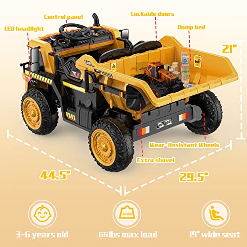 ANPABO Ride on Dump Truck, 12V Ride on Car with Remote Control, Electric Dump Bed and Extra Shovel, Ride on Construction Vehicle with Music Player, Key Start for Safety, Ideal Gift for Kids