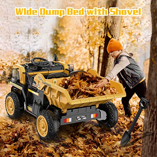 ANPABO Ride on Dump Truck, 12V Ride on Car with Remote Control, Electric Dump Bed and Extra Shovel, Ride on Construction Vehicle with Music Player, Key Start for Safety, Ideal Gift for Kids