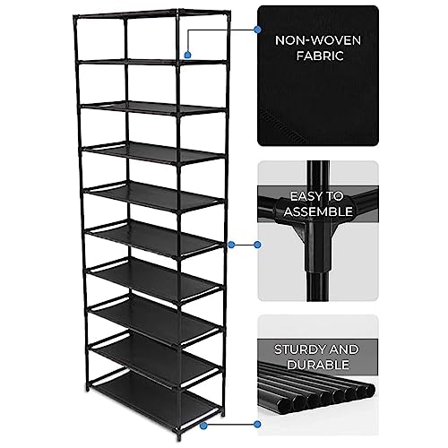 LFGUD 10 Tiers Shoe Rack, Simple Houseware 10-Tier Shoe Rack Storage Organizer 30-Pair, Easy Assembled Shoe Tower Stand, Sturdy Shoe Stand, Non-Woven Fabric Shoe Shelf Organizer Closet for Home, Black