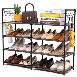 elechotfly 16-20 pairs shoe storage organizer, 4 tiers shoe rack/stand, easy assembly stackable sturdy shoe tower with 2 hooks, metal shelf for entryway, closet, garage, bedroom, cloakroom