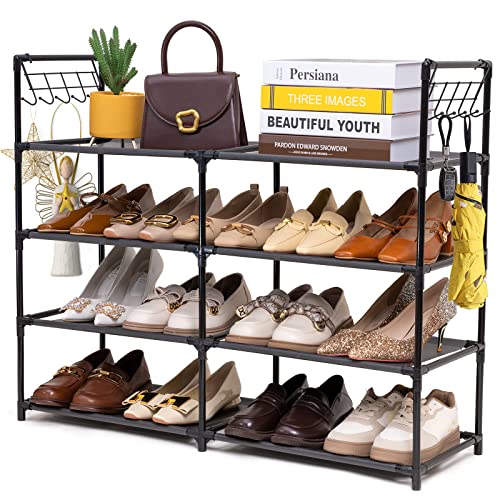 Elechotfly 16-20 Pairs Shoe Storage Organizer, 4 Tiers Shoe Rack/Stand, Easy Assembly Stackable Sturdy Shoe Tower with 2 Hooks, Metal Shelf for Entryway, Closet, Garage, Bedroom, Cloakroom