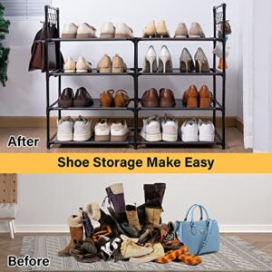 Elechotfly 16-20 Pairs Shoe Storage Organizer, 4 Tiers Shoe Rack/Stand, Easy Assembly Stackable Sturdy Shoe Tower with 2 Hooks, Metal Shelf for Entryway, Closet, Garage, Bedroom, Cloakroom