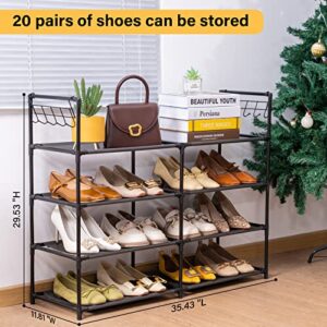 Elechotfly 16-20 Pairs Shoe Storage Organizer, 4 Tiers Shoe Rack/Stand, Easy Assembly Stackable Sturdy Shoe Tower with 2 Hooks, Metal Shelf for Entryway, Closet, Garage, Bedroom, Cloakroom