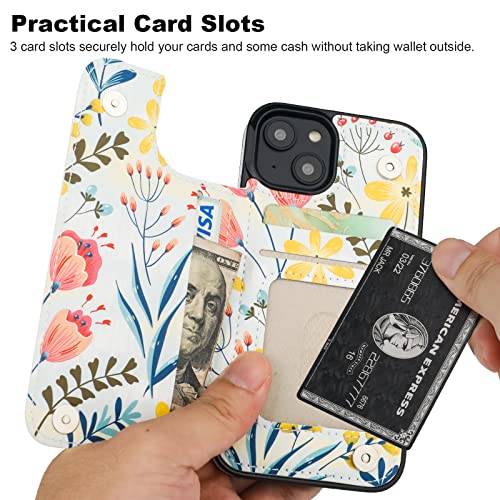 HAOPINSH for iPhone 13 Case Wallet with Card Holder, Floral Flower Pattern Back Flip Folio PU Leather Kickstand Card Slots Case for Women Girls, Double Magnetic Clasp Shockproof Cover 6.1"
