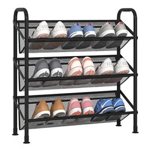 fkuo 3 tier shoe rack for closet mesh fabric narrow metal shoe racks, small shoe storage organizer shelf for entryway, hallway, dorm room (black, 3 tier)