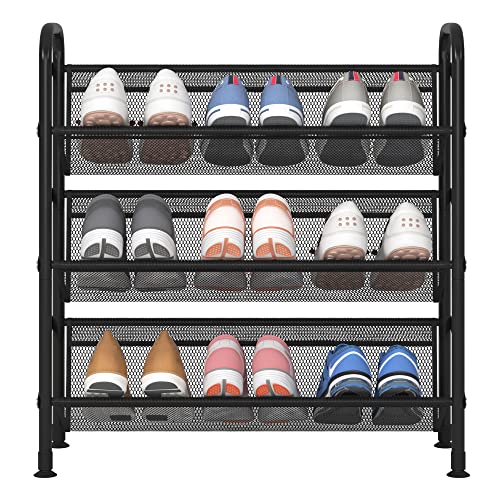 FKUO 3 Tier Shoe rack for closet Mesh fabric narrow Metal shoe racks, Small Shoe Storage Organizer Shelf for Entryway, Hallway, Dorm Room (Black, 3 Tier)