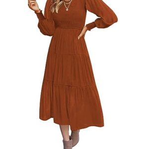 Tobrief Fall Dresses for Women Casual Smocked Beach Long Sleeve Midi Long Dress Rust L