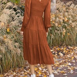 Tobrief Fall Dresses for Women Casual Smocked Beach Long Sleeve Midi Long Dress Rust L