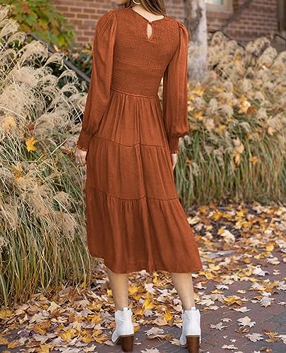 Tobrief Fall Dresses for Women Casual Smocked Beach Long Sleeve Midi Long Dress Rust L