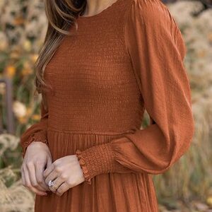 Tobrief Fall Dresses for Women Casual Smocked Beach Long Sleeve Midi Long Dress Rust L