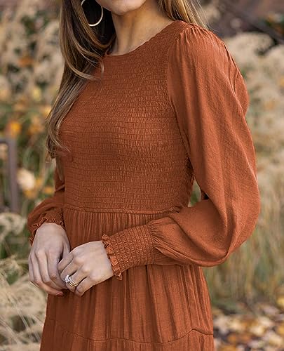 Tobrief Fall Dresses for Women Casual Smocked Beach Long Sleeve Midi Long Dress Rust L